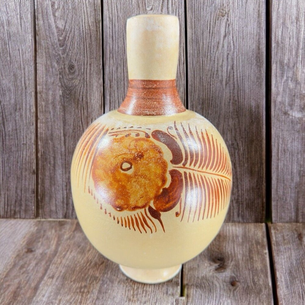 Hand Painted Mexico Folk Art Pottery Jug Carafe Container Hand Made Pottery VTG
